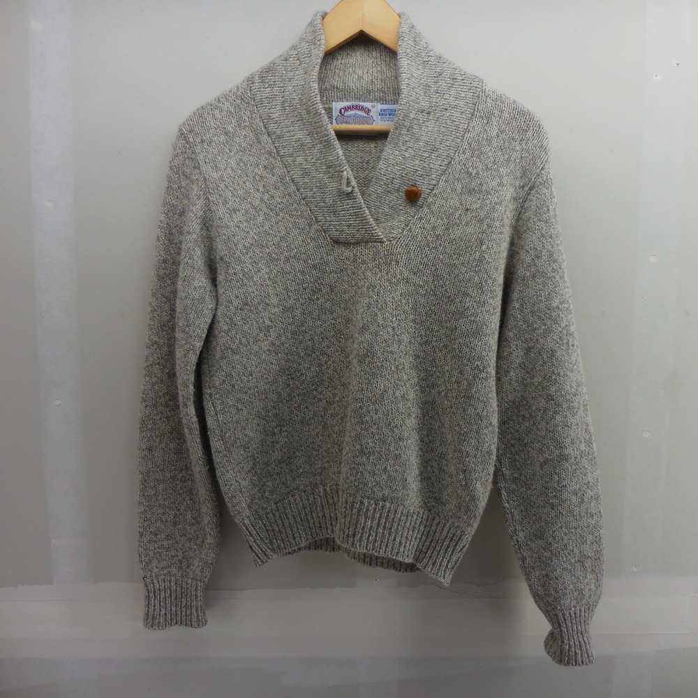 Cambridge Dry Goods Mens British Ragg Wool Shawl Collar Sweater Gray Elbow Patch